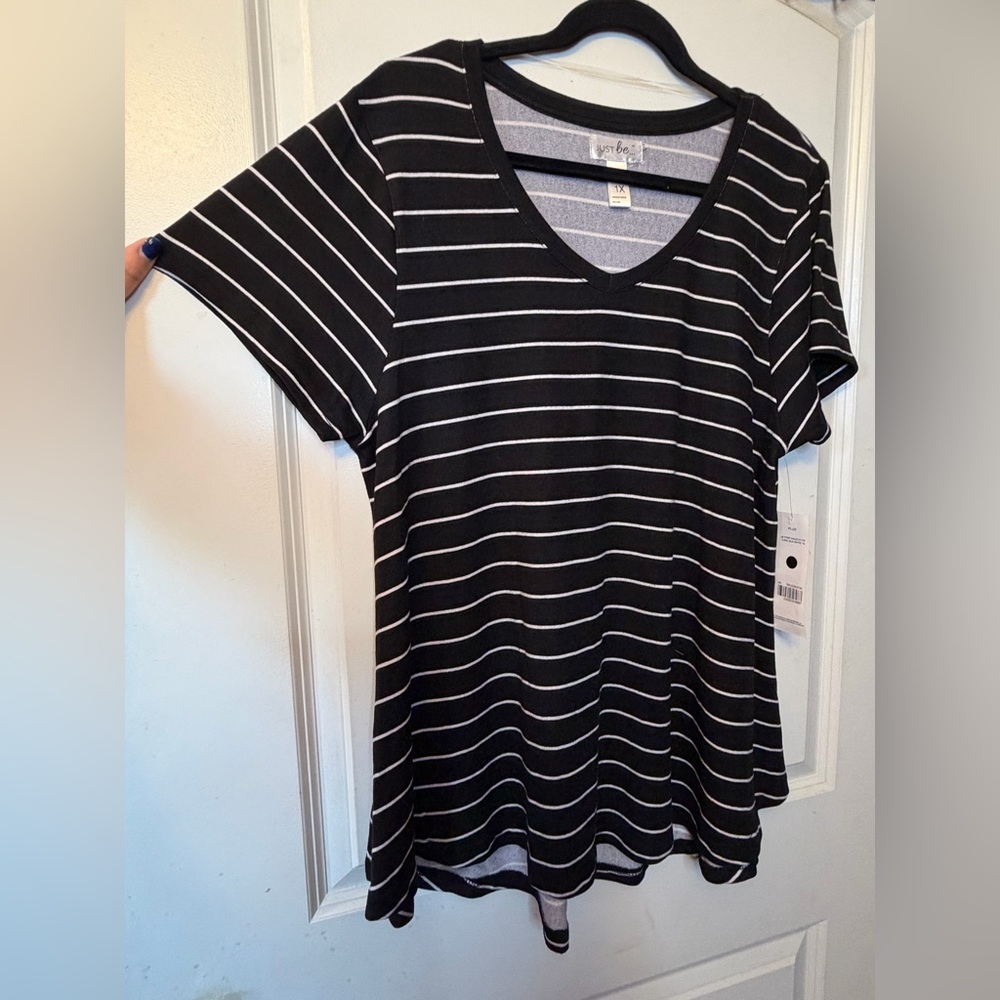 Just Be 1X Black and White Striped Short Sleeve Tee - Picture 2 of 6